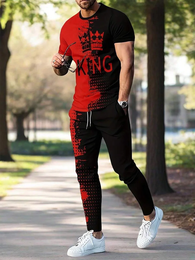 

3D Crown Printed Men's Warmth T-Shirt And Long Pants Set Spring/Autumn Fashion Men's Tops Outdoor Sports Men's Training Pants