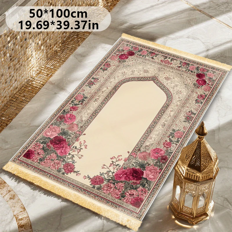 VIKAMA Rose Floral Mosque Arch Muslim Prayer Mat, Washable Prayer Mat, Vintage Tassel Prayer Rug, Home Decor