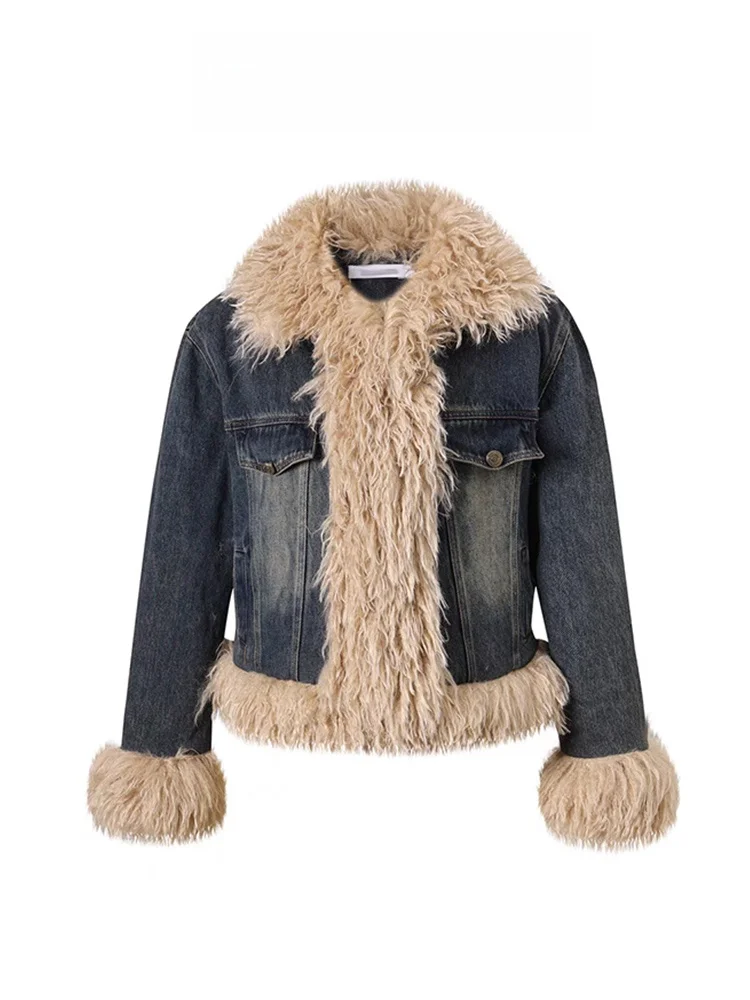 

Джинсовая куртка в стиле ретро в стиле пэчворк, женская осенне-зимняя новинка, маленький дизайн, высококачественное пальто с хлопковой вставкой, меховой воротник