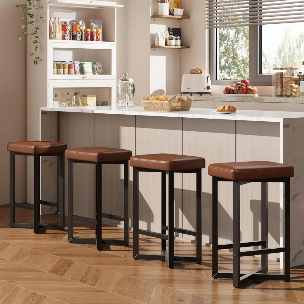 

Bar Stools Set of 4, 24.6" Counter Height Backless Barstools, Upholstered PU Leather Seats with Metal X-Frame & Footrest, Moder