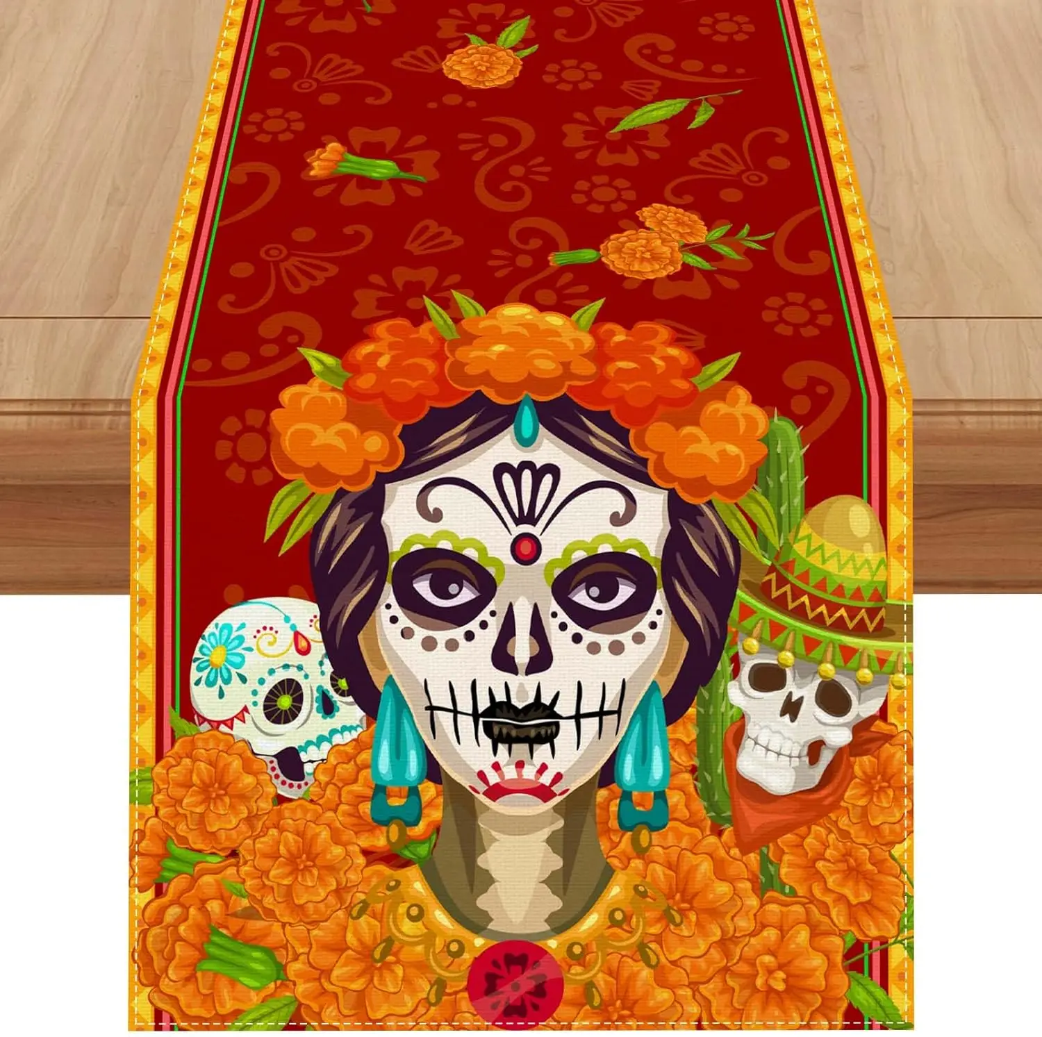 Mexican Dia De Los Muertos Linen Table Runner Fiesta Party Decor Mexico Day of The Dead Kitchen Dining Table Runners Home Decor