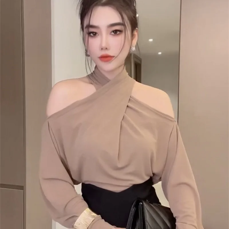 Sexy Off Shoulder Cross Hanging Neck Blouses Women's Korean Fashion T-Shir Casual Elegant Loose All-Match Trend Tops Streetwear