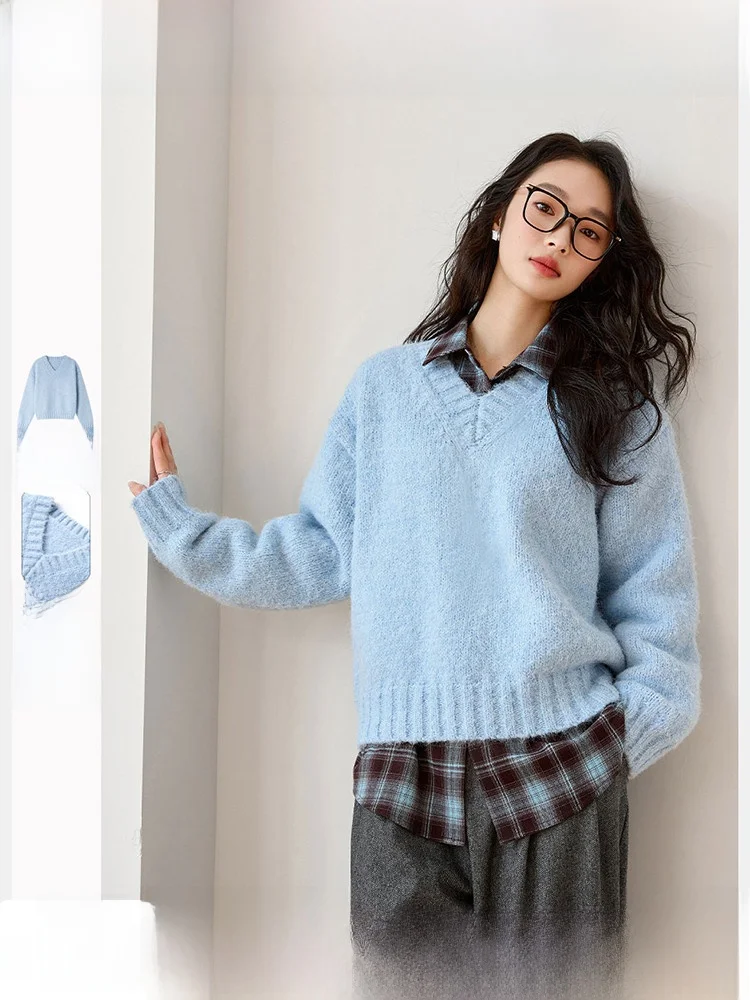 

Thi Knitted Wool Blend Loose Women's Sweater V-Ne Long Sve Winter New Sle Faionable Versatile Comfortable Top