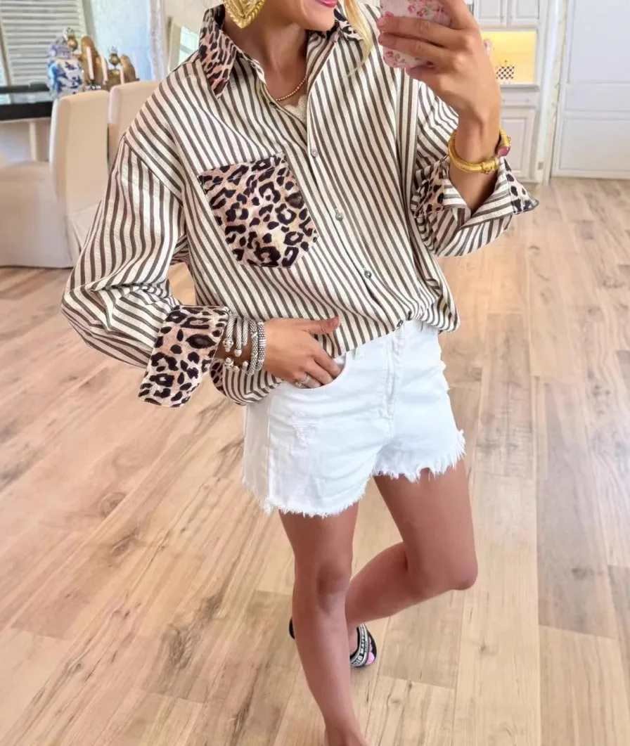

New Women Leopard Print Striped Dip Hem Loose Fit Casual Blouse Button Front Shirt Tops