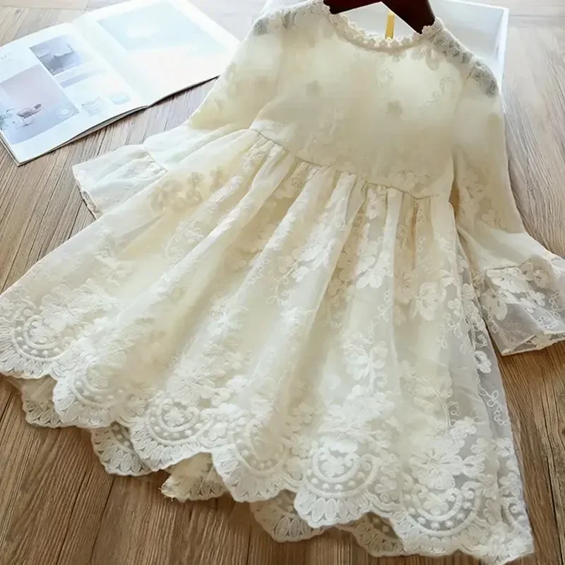 2024 New Kids Dresses For Girls Lace Autumn Clothes Girl Embroidery Party Princess Formal Dress Bridesmaid Pageant Dresses 3-8Y