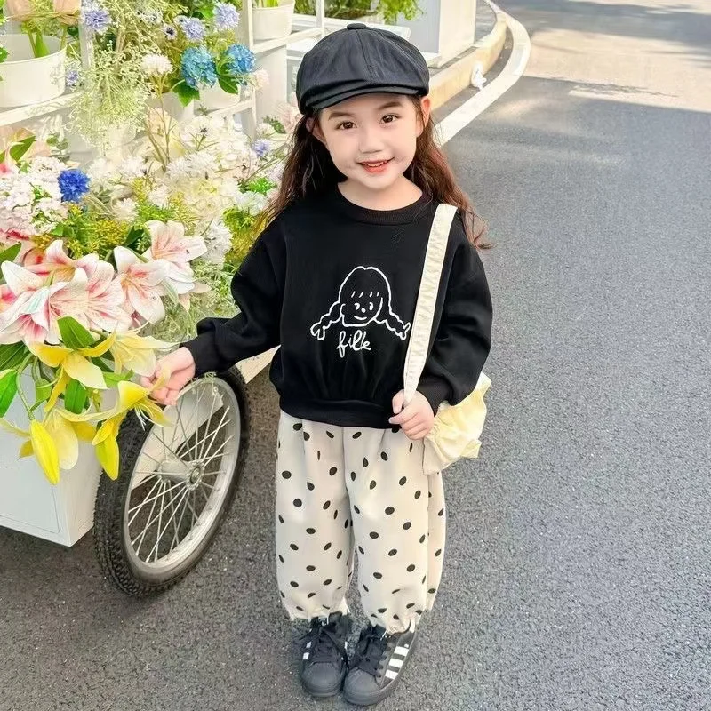 

2025 Autumn Winter Plush Thicken Warm Girls Clothes Set Cute Cartoon Kids Clothes Girls Sweater Dot Pants 2pcs Set 1-6years