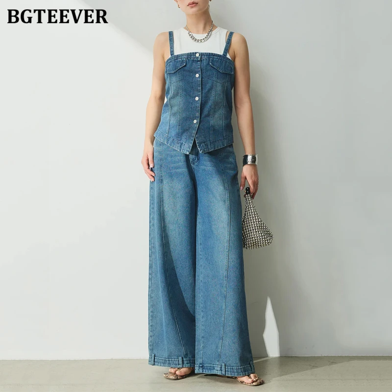 

BGTEEVER Summer Ladies Denim Trouser Set Sleeveless Single-breasted Vests Women Wide Leg Jeans Pants