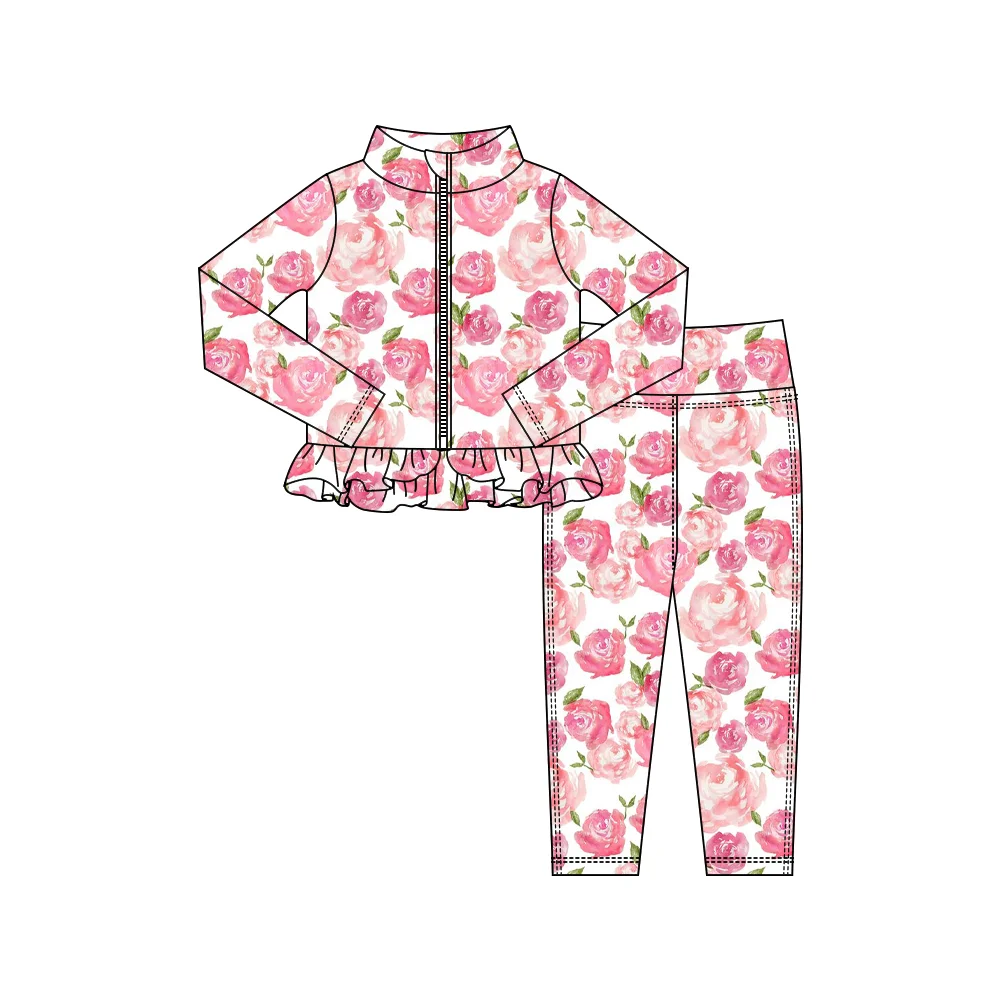 

Hot selling girls autumn flower print ruffle hem long sleeve trousers boutique suit retail and wholesale