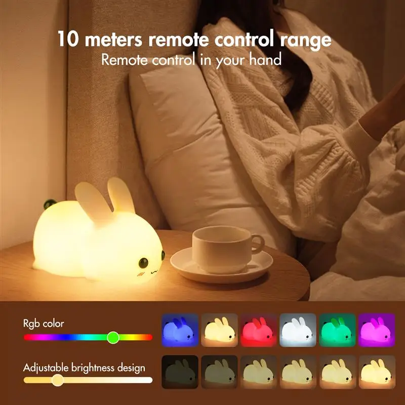 Dimmable Silicone Rabbit Night Lights com controle remoto e temporizador, lâmpada do sono do quarto, RGB recarregável cabeceira lâmpada