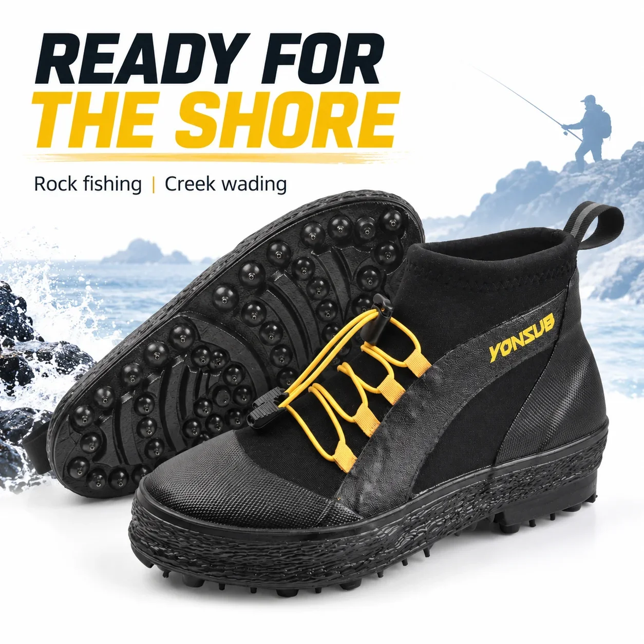 YONSUB Rock Fishing Shoes Studded Rubber Sole Anti Slip High Top Wading Footwear for Reef Creek Angling and Outdoor Adventures