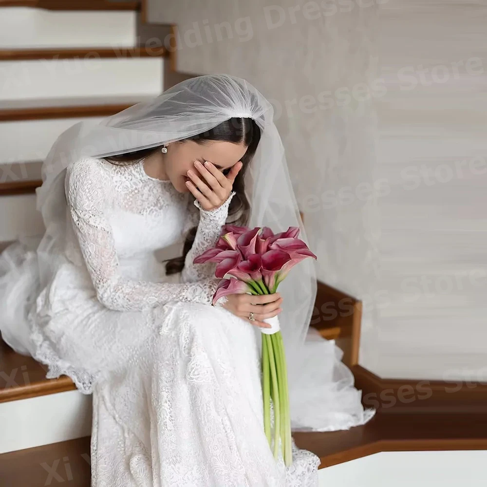 Luxurious Mermaid Women's Wedding Dresses High Neck Long Sleeve Lace Appliques Vestido De Novia Bride Gowns Customized Vestido