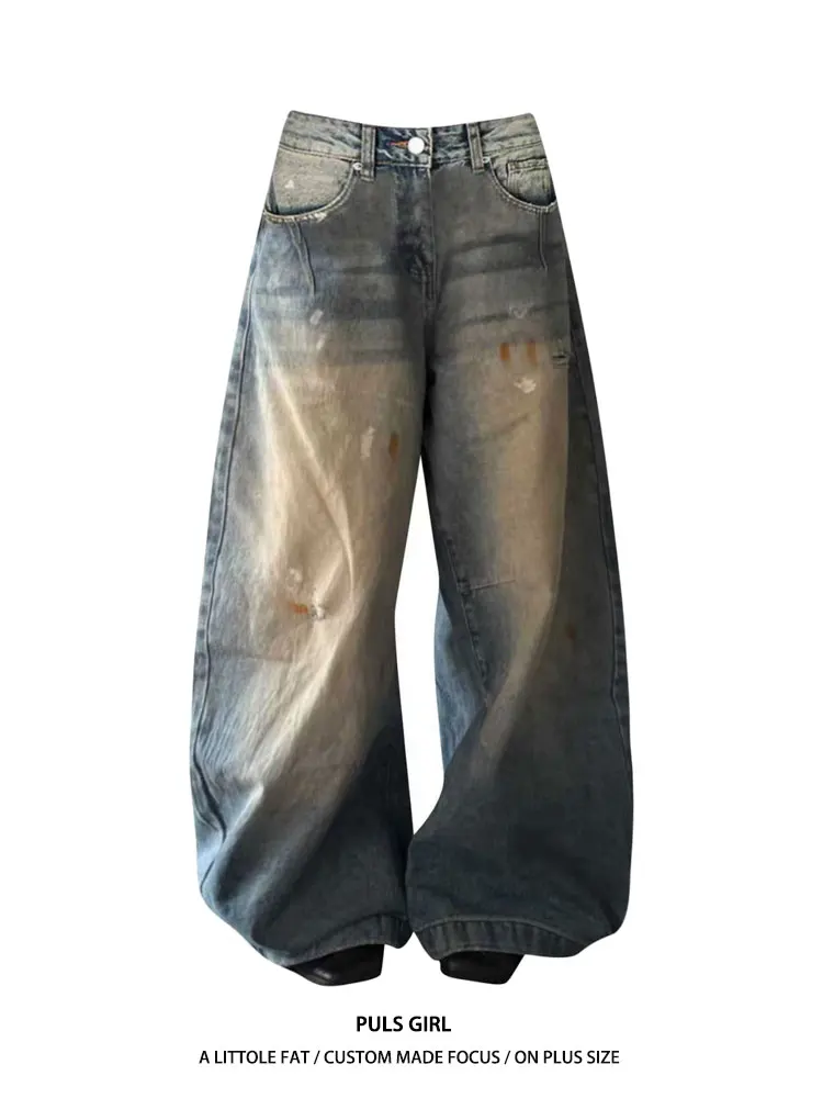 

Retro American Large Size Denim Jeans Women High Waist Loose Wide Leg Pants Casual Straight Blade Design Washed Effect