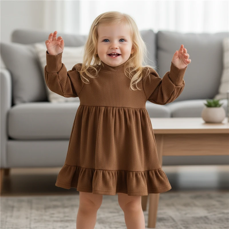 Toddler Kid Baby Girls Casual Fashion Dress Long Sleeve Turtleneck Solid Color Ribbed A Line Ruffle Hem Fall Dress