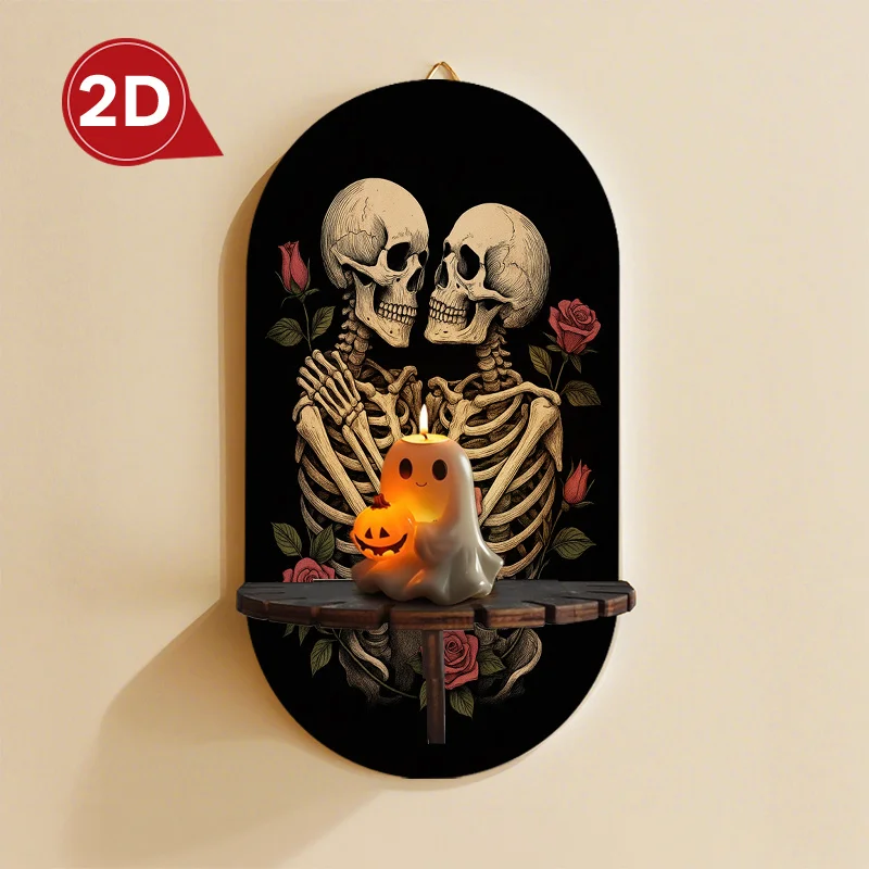 2D High Resolution Flat Print Skeleton Rose Couple Pattern Floating Shelves, Decorative Wall Shelf for Easter Mother'S Day