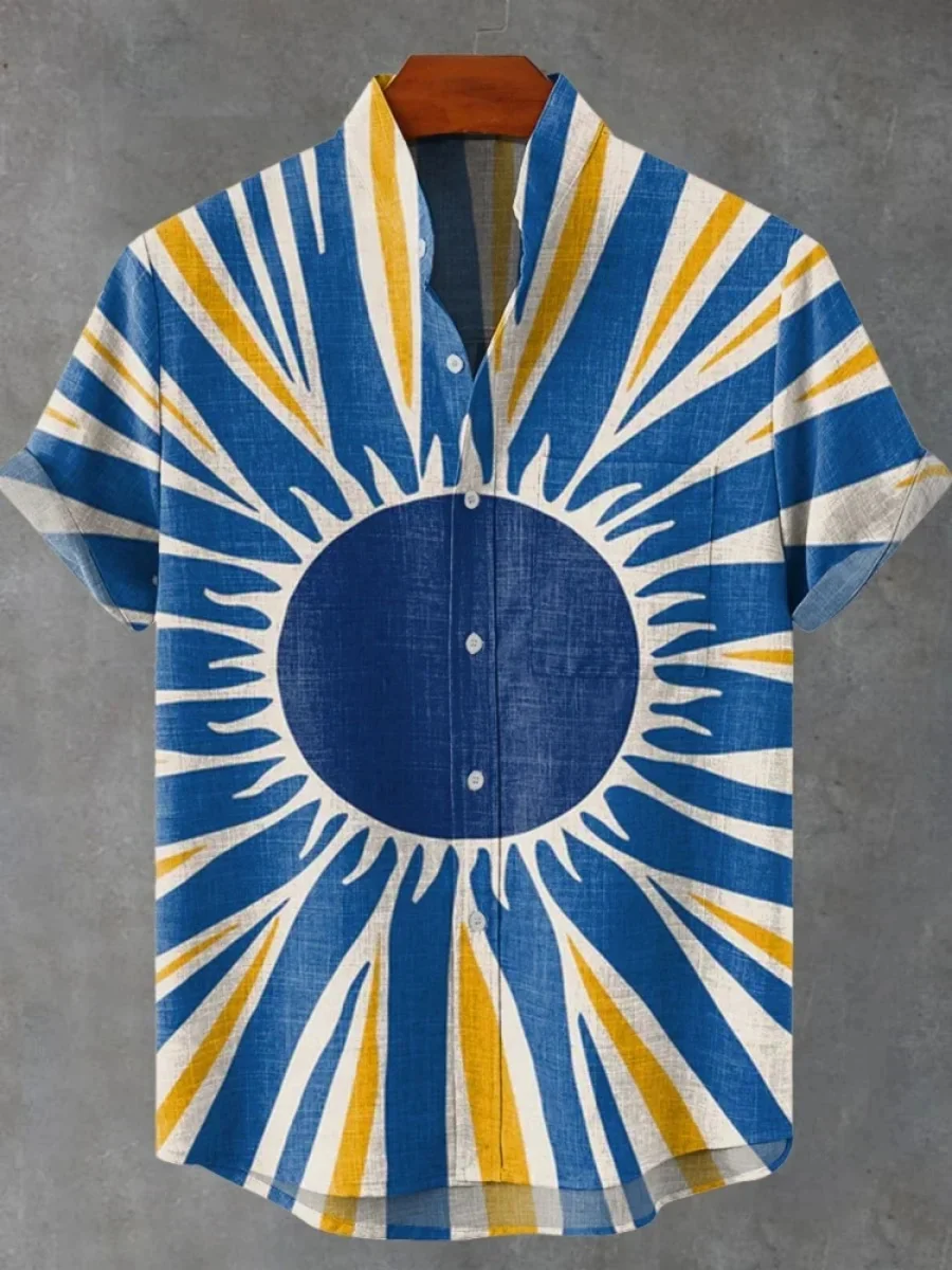2025 Men's Sunburst Short Sleeve Shirt Summer Retro New Linen Shirt Men's Short Sleeve Casual Vacation Street Fashion Shirt