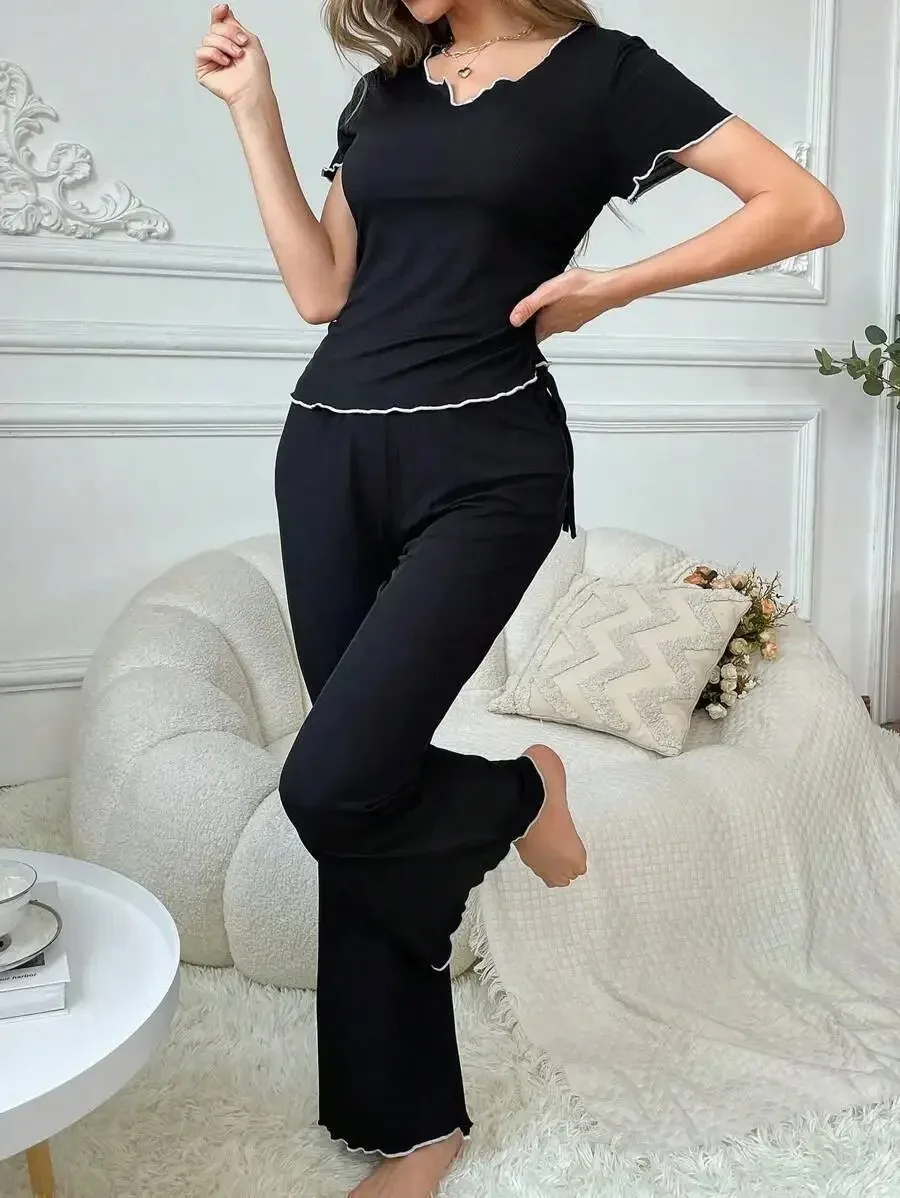 New Arrival Women's Casual Short Sleeve Long Pants Sleepwear Set Comfortable Home Clothes V-Neck Thin Material