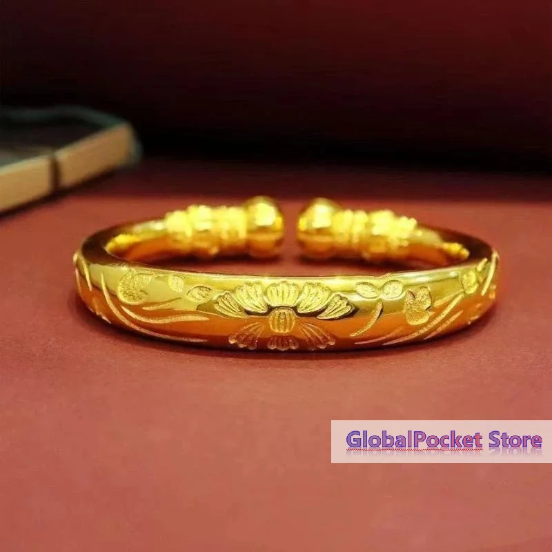 [TG823]Gold Plated Open Cuff Bangle Carved Floral Pattern Durable Shine For Daily Wear And Special Occasions