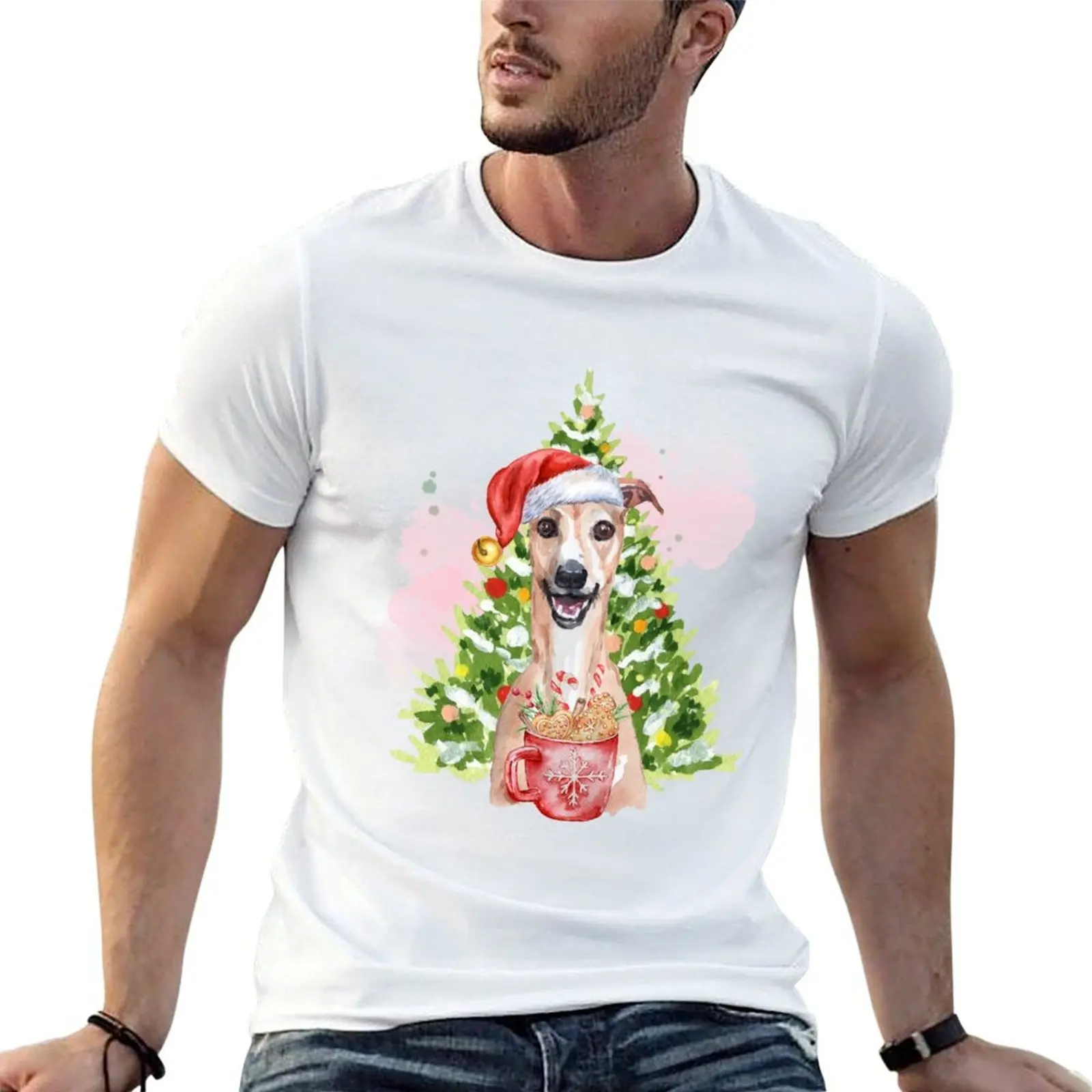 

Whippet Christmas : Whippet With Christmas Tree And Hot Chocolate T-Shirt t shirts for man graphic funny T-Shirt