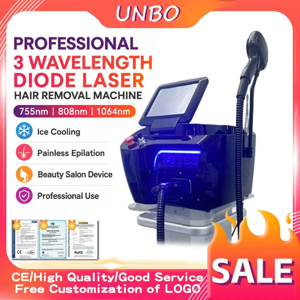 Professional 3 Wavelength Diode Laser Hair Removal Machine 755 808 1064nm Ice Cooling Painless Epilation Beauty Salon Device