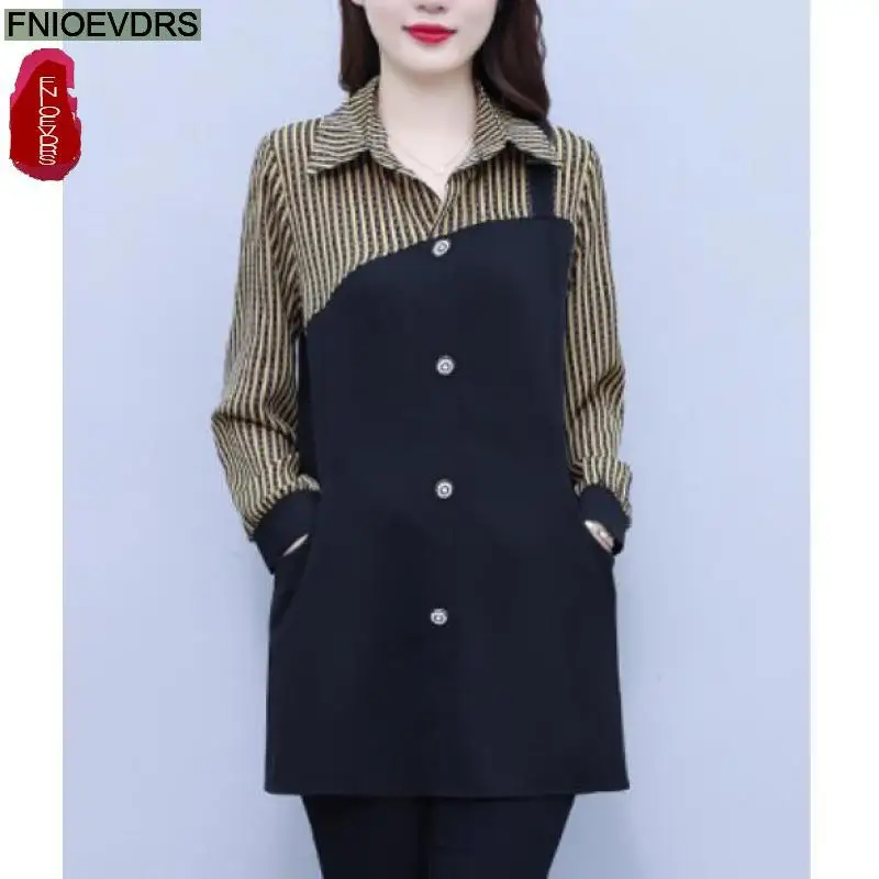 L-5XL holgada de manga larga para mujer, camisas elegantes con volantes, blusas informales Retro Vintage de retazos de imitación, 2 Tops, otoño, 2023