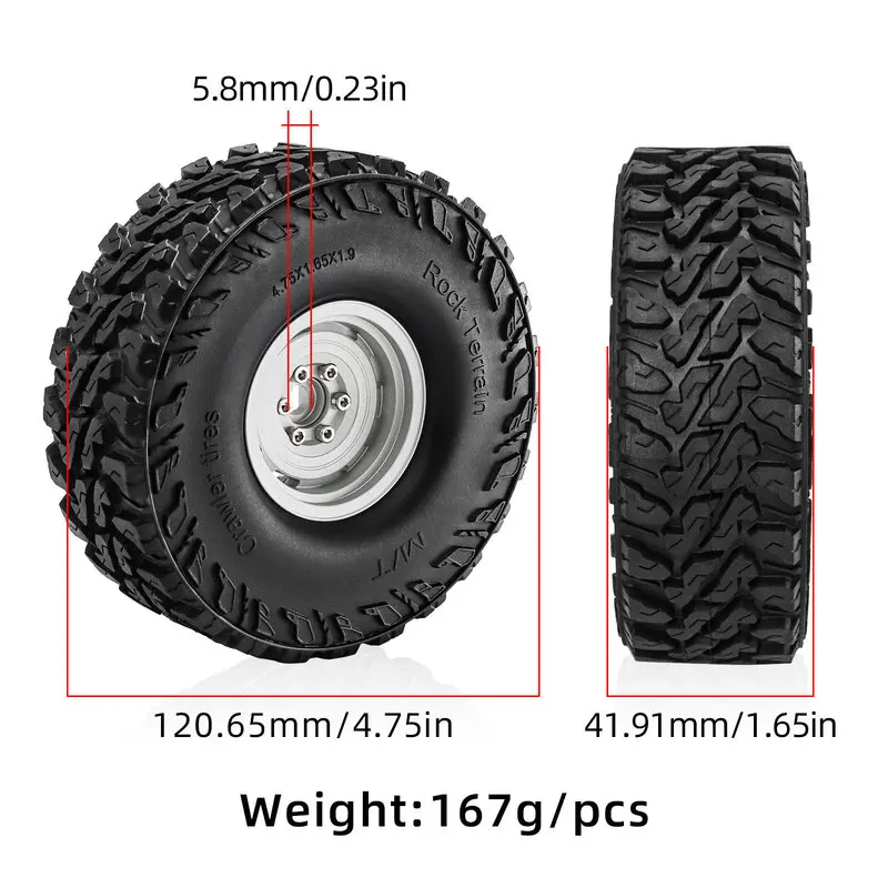 4Pcs 1.9 Inch 120*47mm Beadlock Wheels Rims Tires Set for 1/10 TRX4 TRX6 Axial Scx10 90046 RC4WD D90 D110 SCX10 RC Crawler