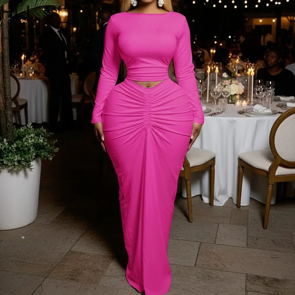 

HLJ Sexy Ruched Patchwork Bodycon Dresses for Woman Solid Color Hollow-out Long Sleeves Dress Female Streetwear Vestidos New