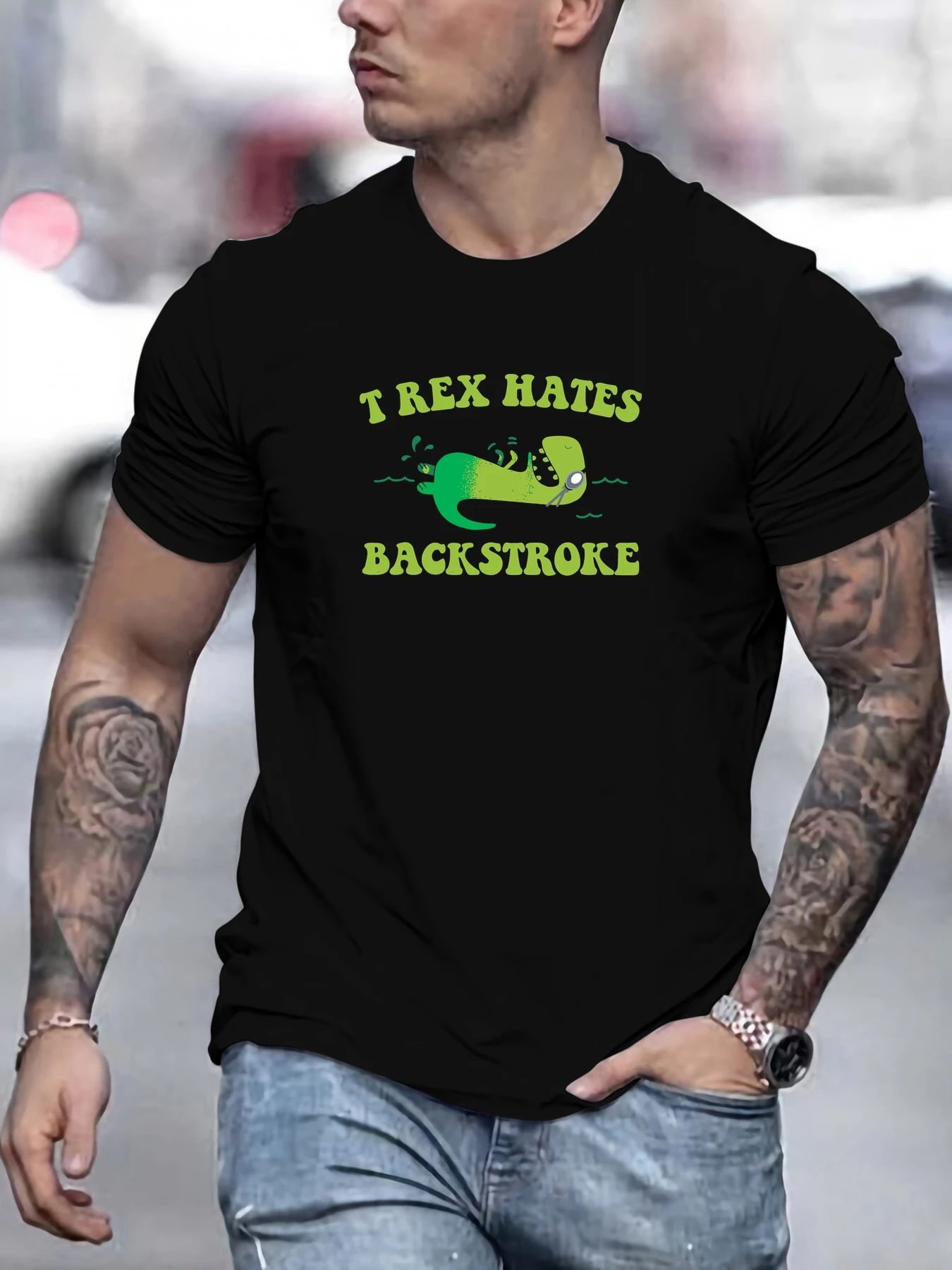 

Men's T REX HATES BACK STROKE pattern summer casual crew neck short T-shirt
