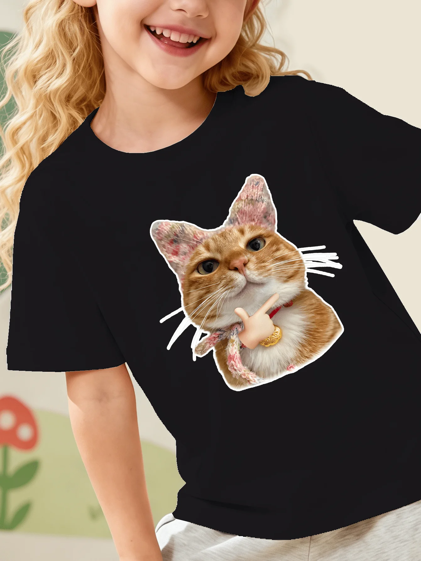 Lovely Orange Cat Floral Ear Pendant Pet Art Print Kids T Shirt Boys Girls Family Matching Summer Crew Neck Short Sleeve Tee