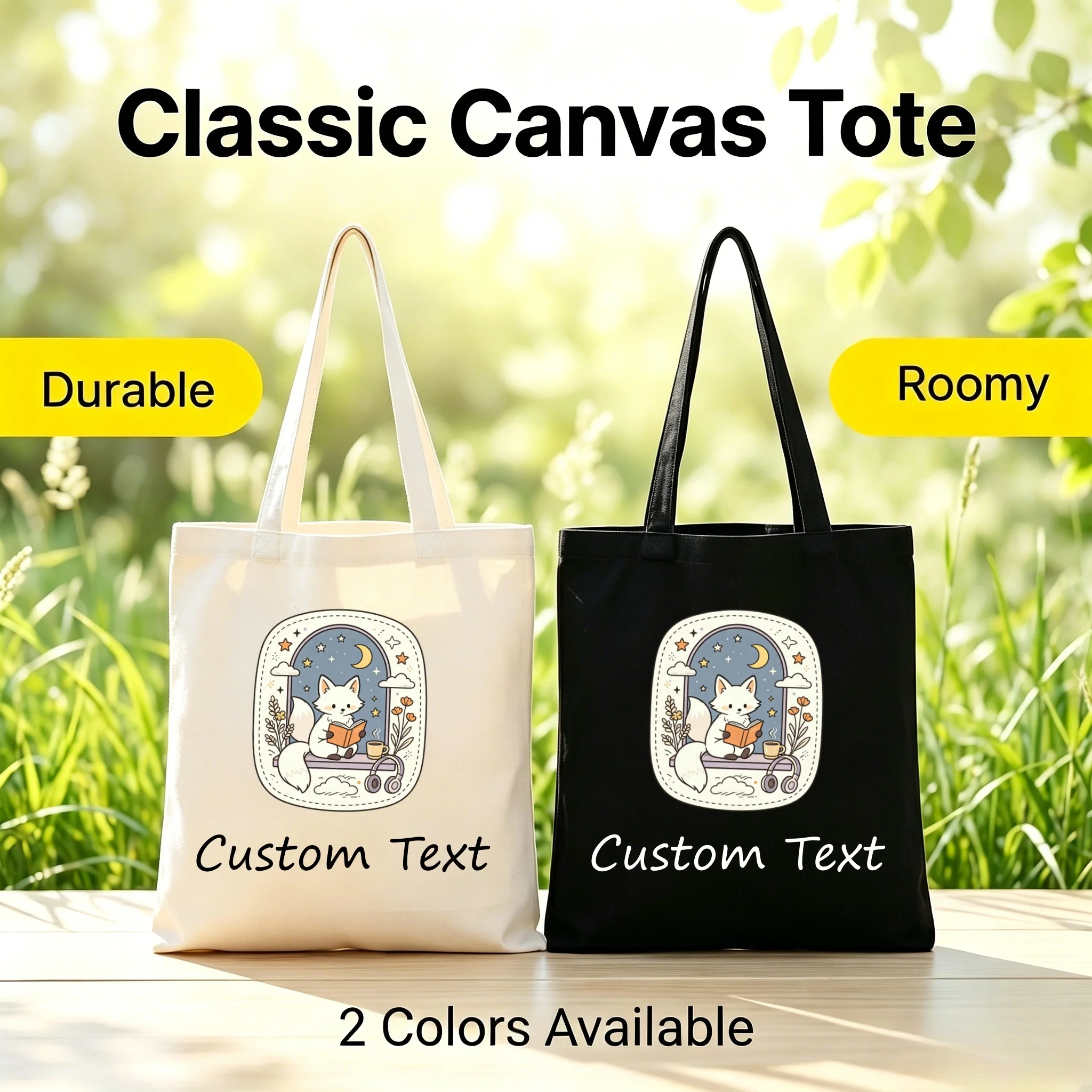 1pc Canvas Tote Bag Cute Fox Book Print Custom Text Roomy Durable 2 Colors Casual Shoulder Bag