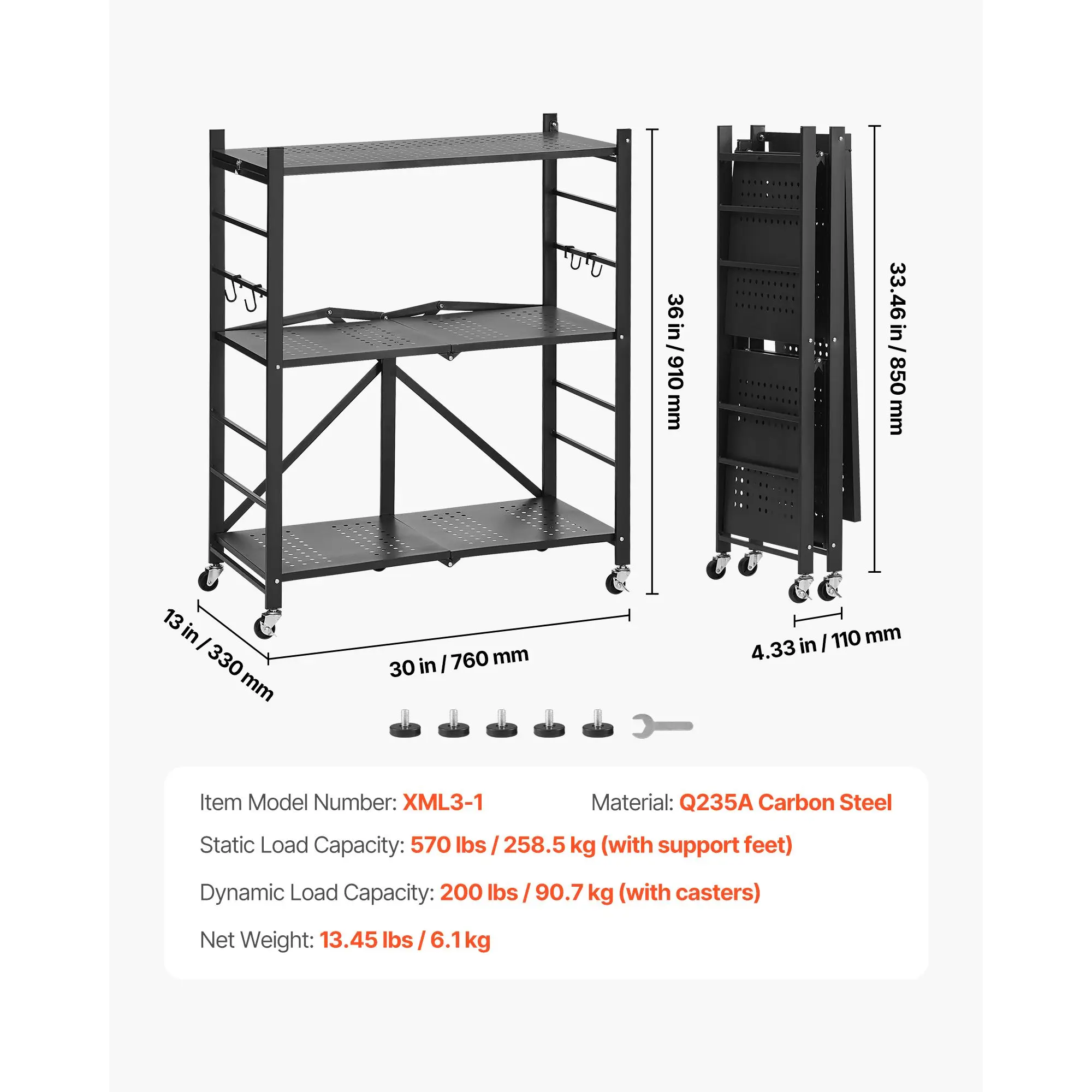 3-Tier Foldable Storage Shelf, 30W x 13D x 36H Inch Folding Metal Rack Shelving Unit, No Assembly Organizer Shelf with 5 Wheels & 4 Hooks for Pantry, Kitchen, Garage, Basement, Black
