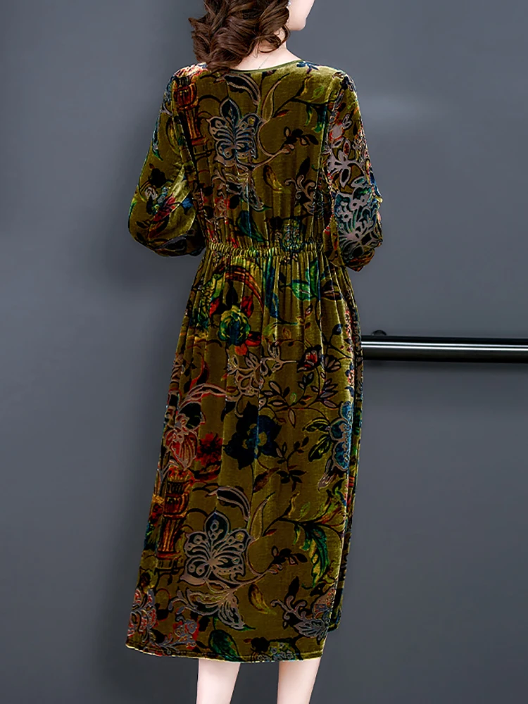 Fashion Floral Silk Velvet Female's Dress Autumn Winter Long Sleeve Loose Casual Vestidos 2025 Korean Vintage Elegant Prom Dress