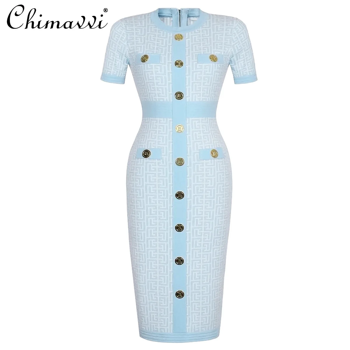 

2025 Summer New High-end OL Short-sleeved V-neck Knitted Classic Dress Fashion Round Neck Slim Temperament Women's Hip Dress