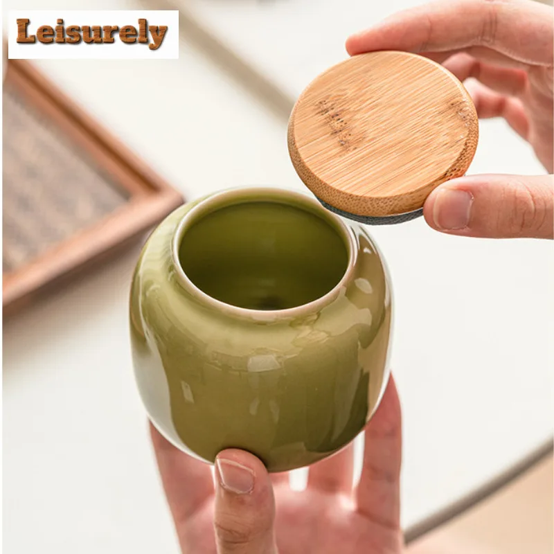 Retro Tea Dust Green Tea Box Organizer Yaozhou Kiln Celadon Moisture-proof  Storage Tank Containers Tea Caddy For Tea Ornaments