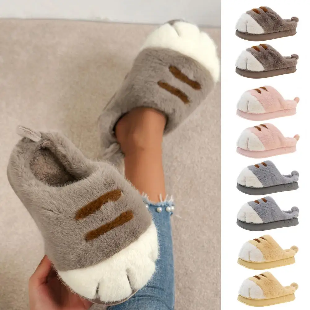 

1 Pair Winter Plush Slippers Thick Non-Slip Insoles Cartoon Cat Design Keep Warm Footwear Thickened Home Dorm Street Wear Slippe