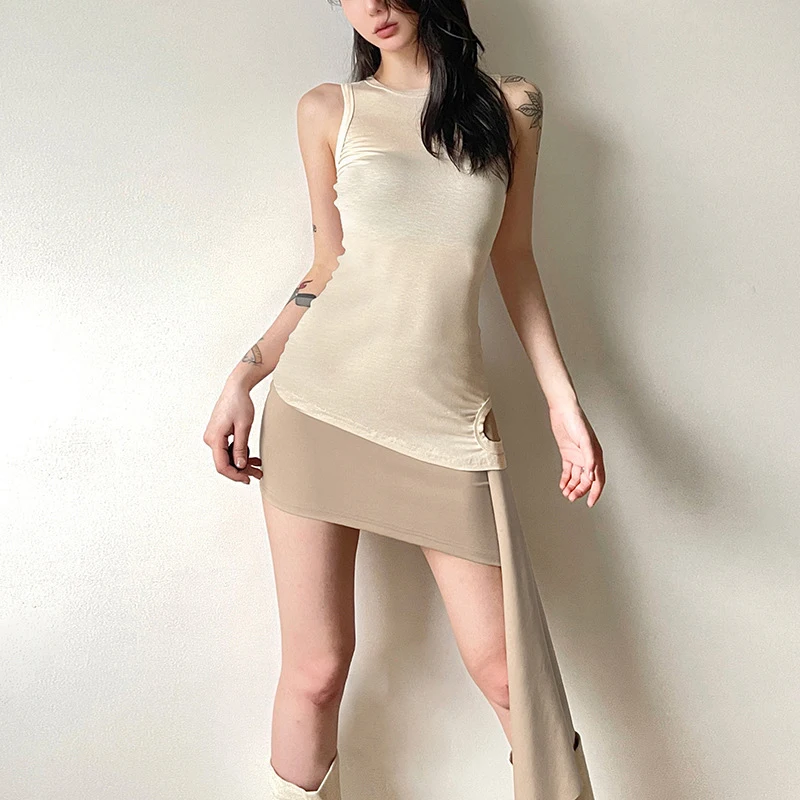 

New Summer Women Streetwear Solid Color Casual Asymmetric Sheath Skirt Camisole Tops