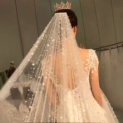 New Arrival Ivory Long Wedding veils Beaded Bride wedding accessories Cathedral Bridal veil velo de novia