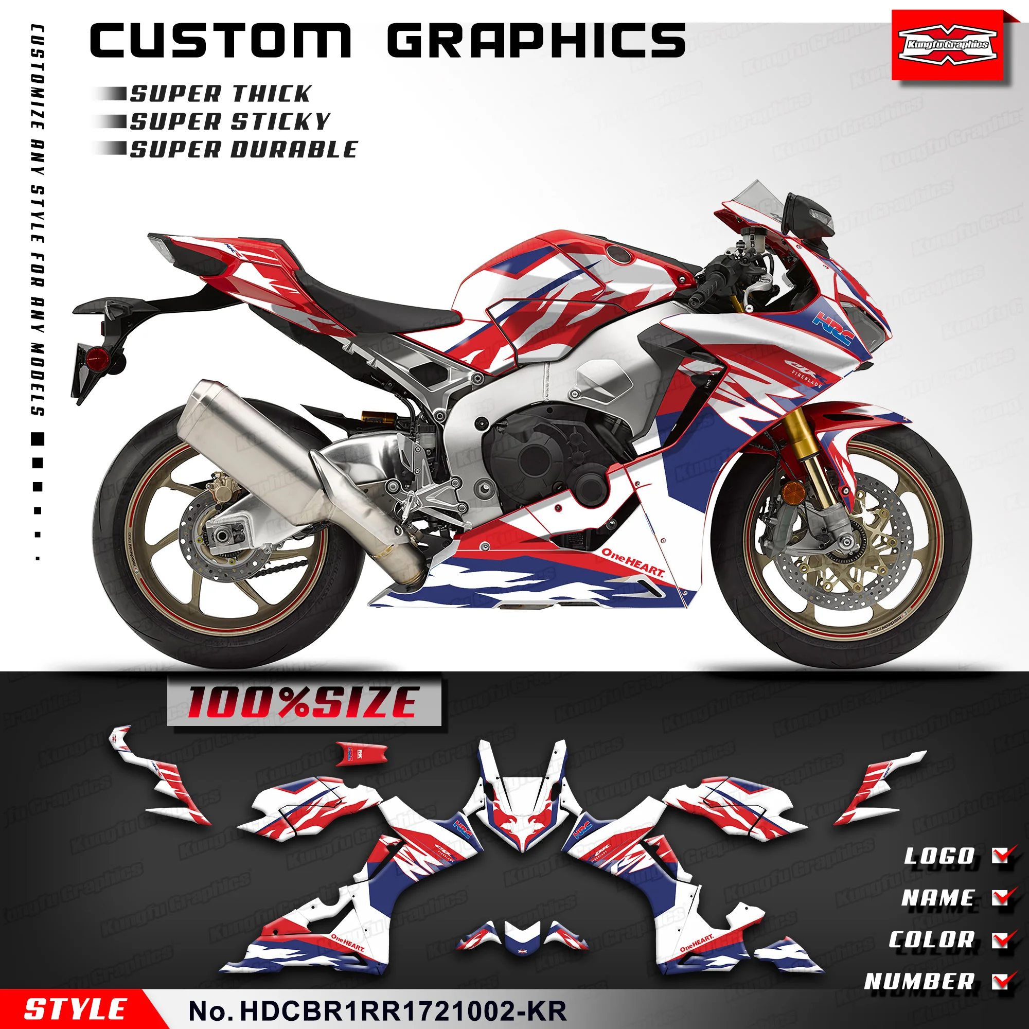 

KUNGFU GRAPHICS Sticker Kit Adhesive Decals for Honda CBR1000RR CBR 1000 RR 2017 2018 2019 2020 2021 2022, HDCBR1RR1721002-KR