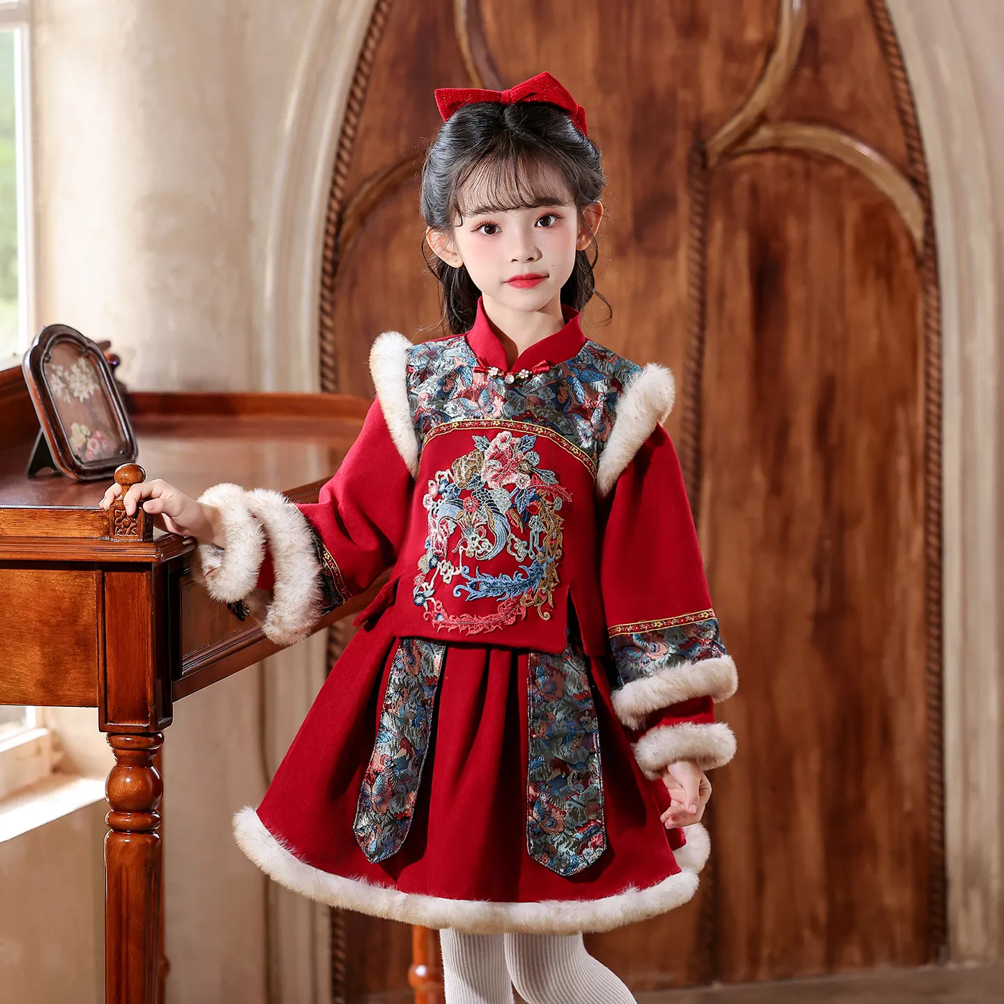 

2026 New Chinese New Year Clothing Red Girls Winter Thick Warm Quilted Dress Hanfu Kids Ancient Fairy Skirt Costume