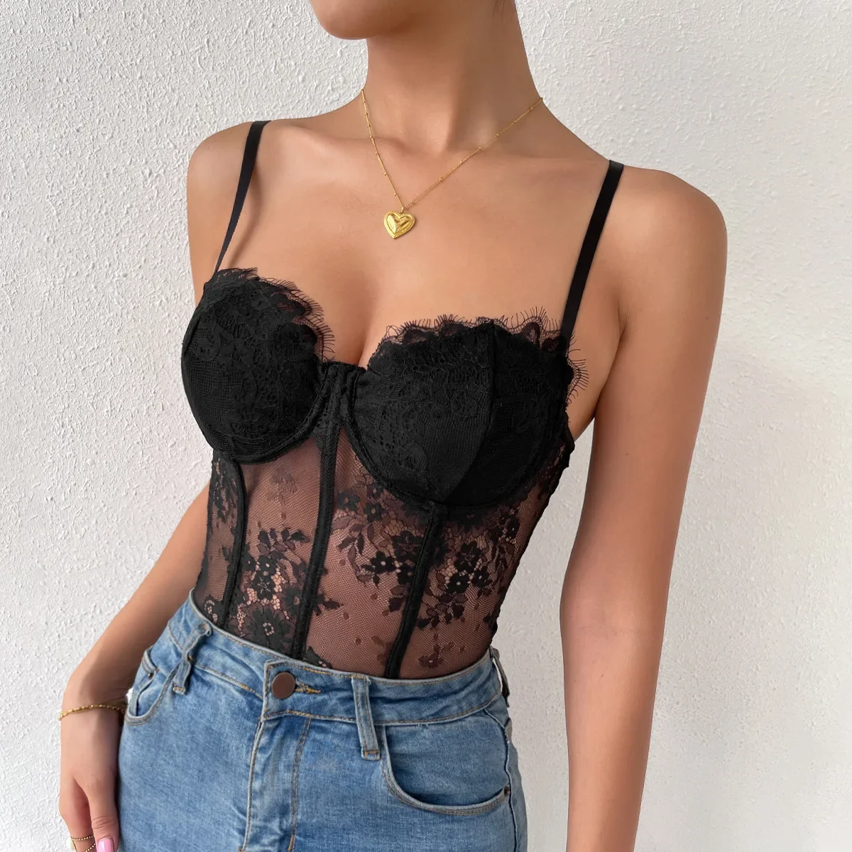 Sexy Black Lace See-through Corset Summer Fashion Streetwear Women\'s Crop Tank Top Ladies Halter Tops Bustier Lingerie Camisole