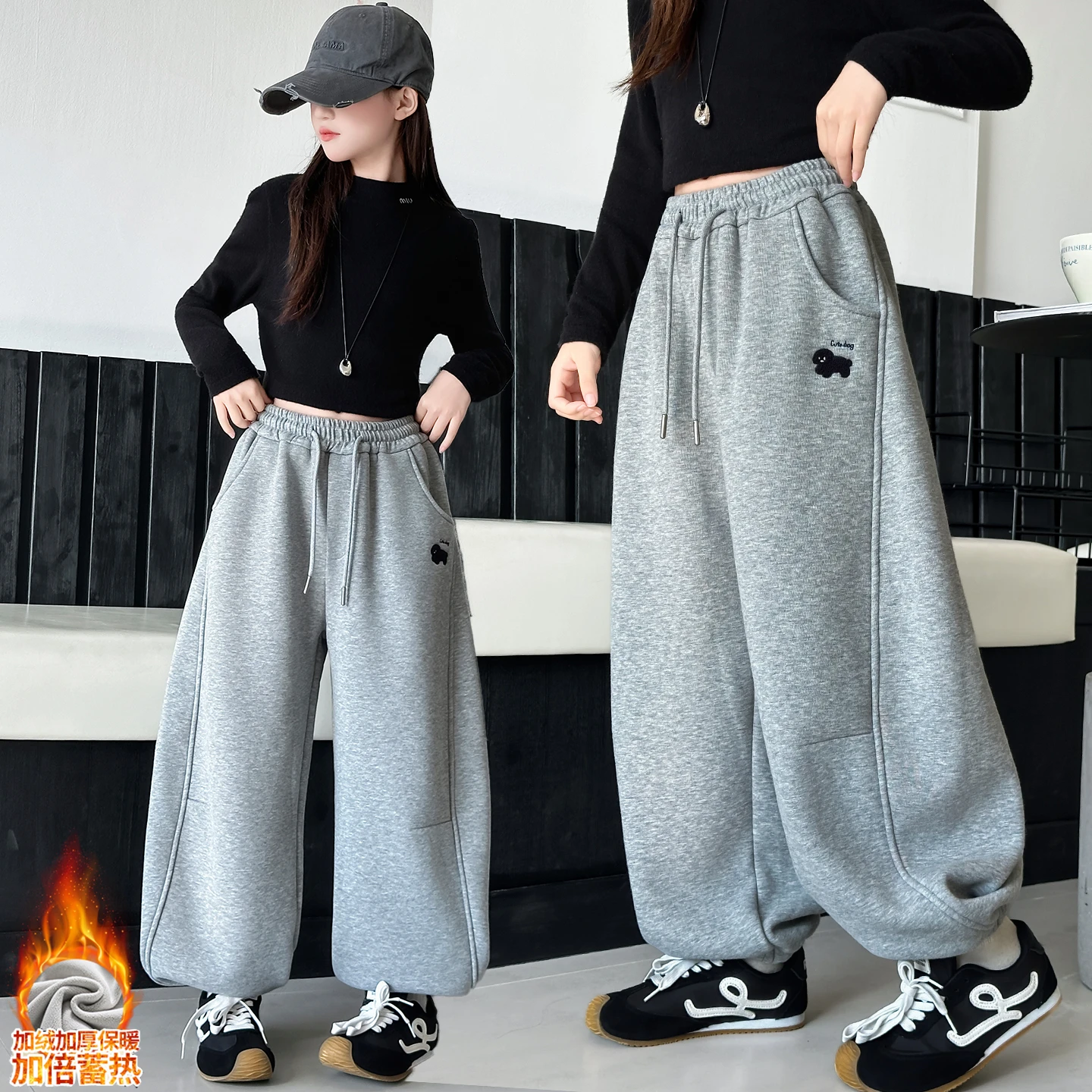 

Girls Wide Leg Pants Autumn Winter New Kids Casual Sports Trousers Teen Elastic Waist Straight Cotton Fleece Pants Child Clothes