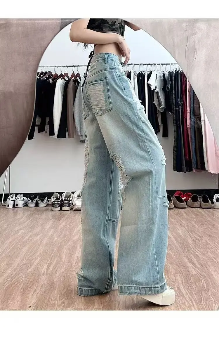 Y2K renda rasgada perna larga jeans meninas primavera verão solto ajuste até o chão calças da moda
