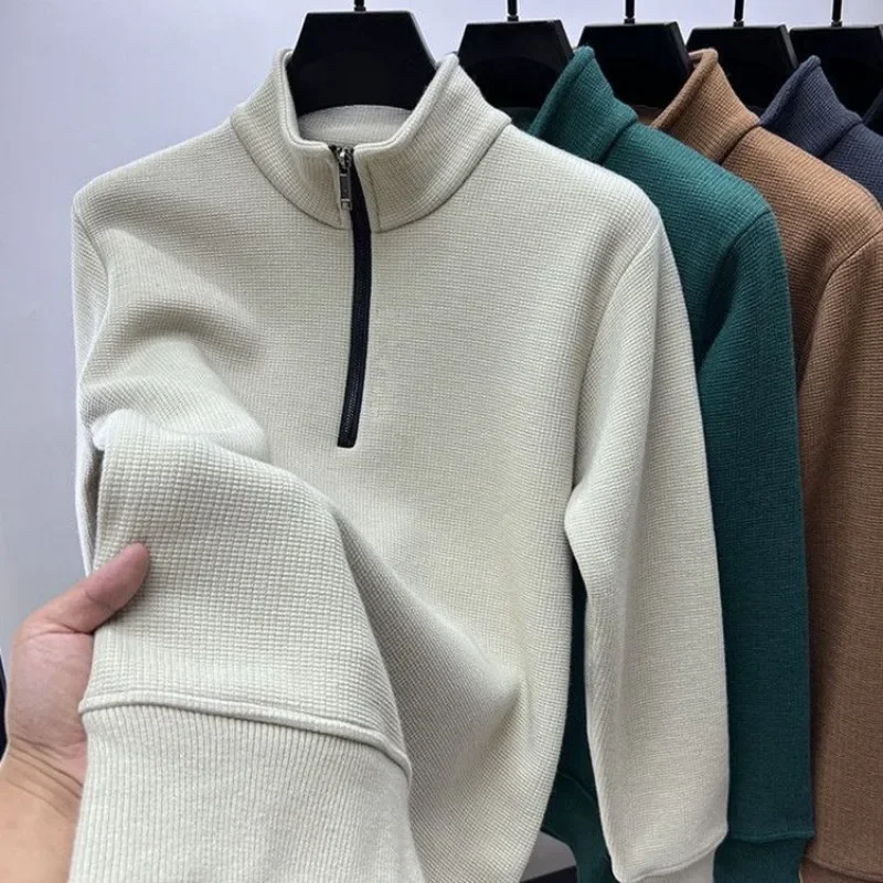 

Men Clothing Mens Sweatshirt Stand Neck Half Zip Thicker Waffle Cotton High-quality Hoodie Autumn Winter Basic Tops Pullover