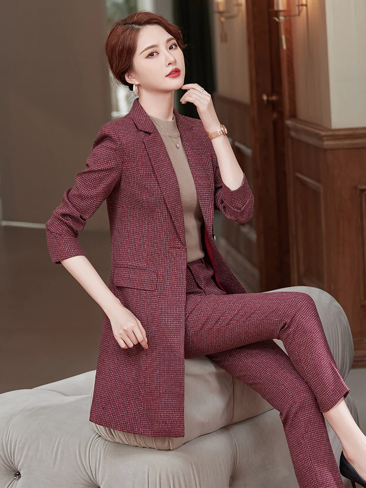 Office Ladies Business Work Wear Formal Pant Suit Women 2 Piece Set Female Long Yellow Gray Red Plaid Blazer And Trousers