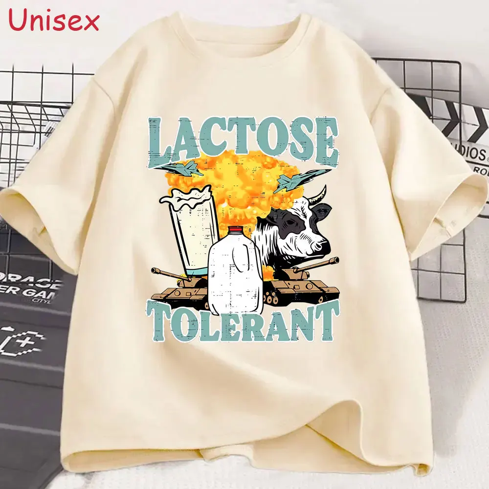 Lactose Tolerant Funny Cow Meme T-Shirt Men Women Vintage Fashion Short Sleeve T-shirts Cotton Casual Cozy Oversized T Shirts