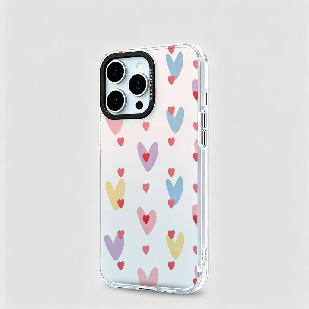 

Pastel Multicolor Heart Pattern Anti Yellow Shockproof Clear Phone Case for iPhone 13 14 15 16 17 Slim Fit Protective Cover