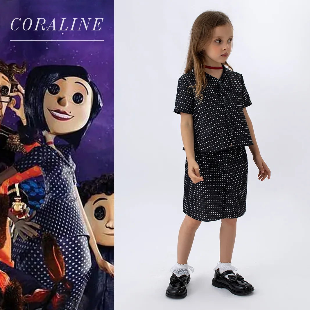 Coraline Costume Kids Girls Black Coraline Cosplay Horror Halloween Tshirt + Pants Canival Birthday Party Costume Free Red Rope