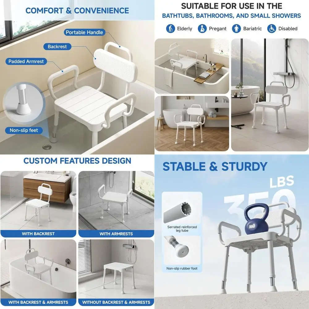 

Gray Height-Adjustable Shower Seat with Armrests and Back Support