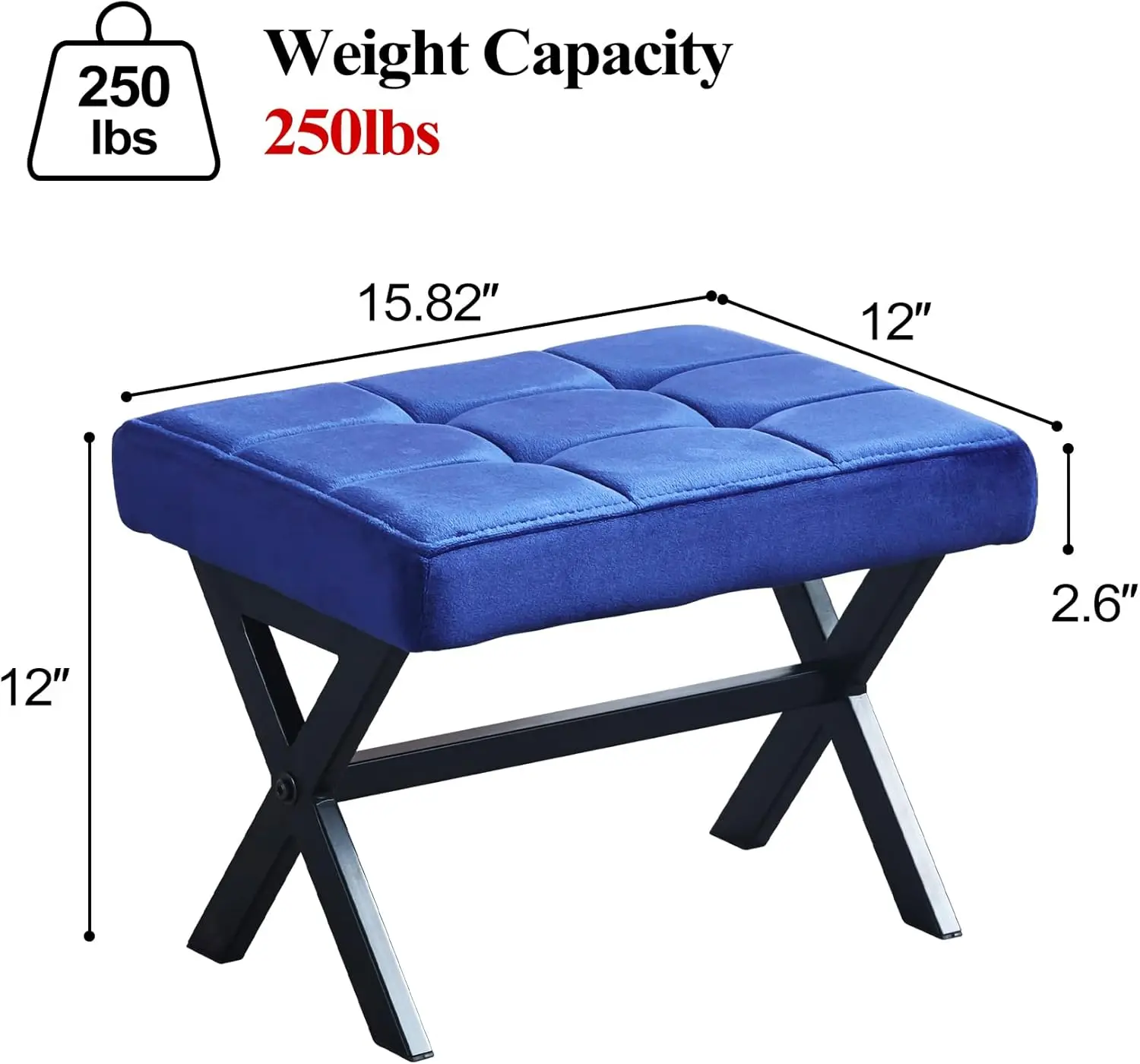 

12 Inch Royal Blue Velvet Footrest, Small Square Footstool With Metal X-Legs For Bedside Step Stool, Office Desk, Put On Shoes