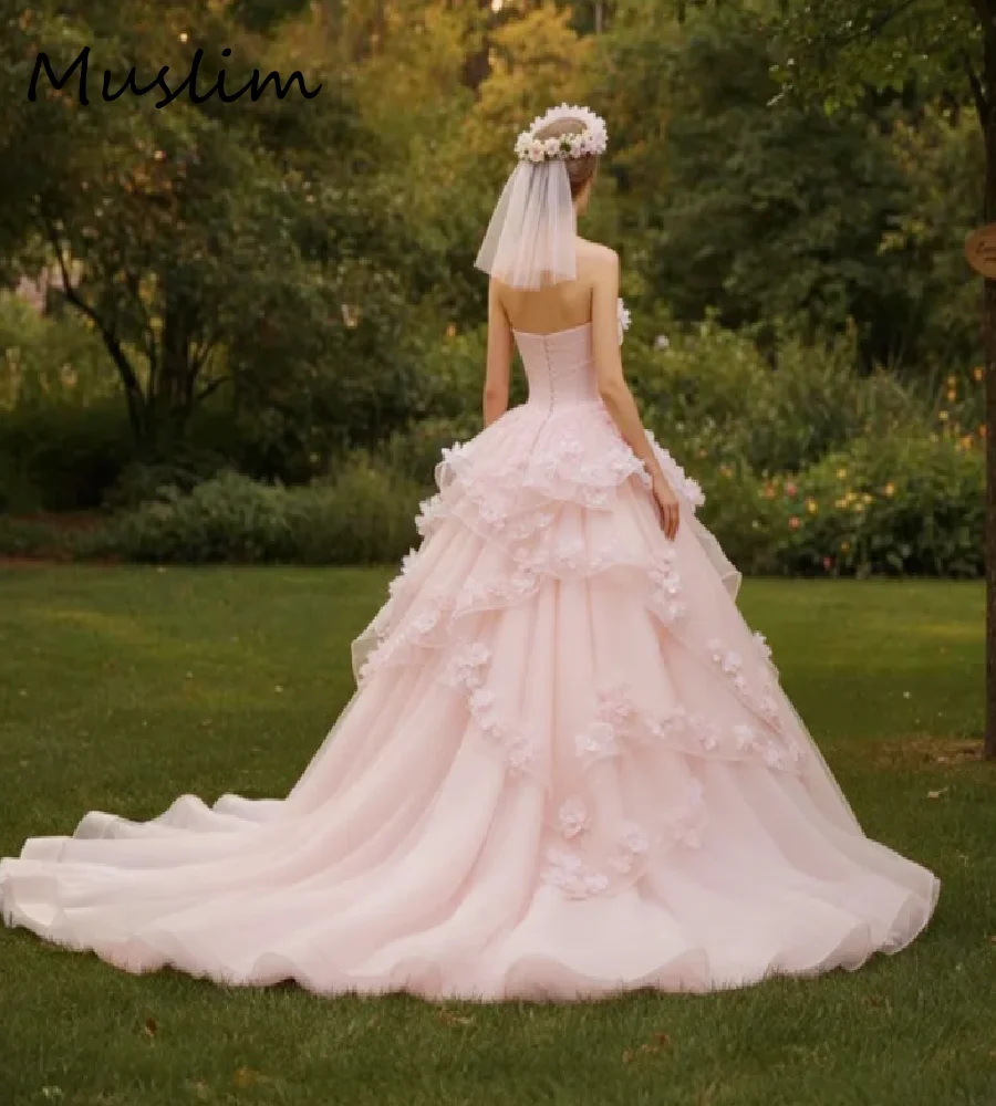 Enchanting Pink Victorian Wedding Dress With Lace Glamorous Fairytale Bridal Dress Tiered Gatsby Country Garden Bride Dress 2026