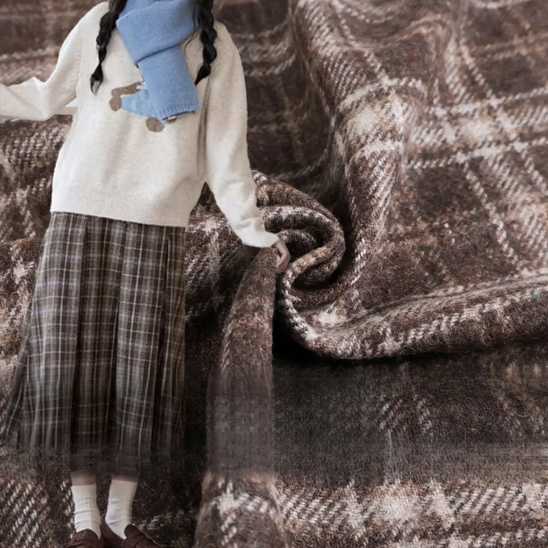 Imported British brown plaid with white stripes, colorful jacquard pure wool fabric for skirts and topsB